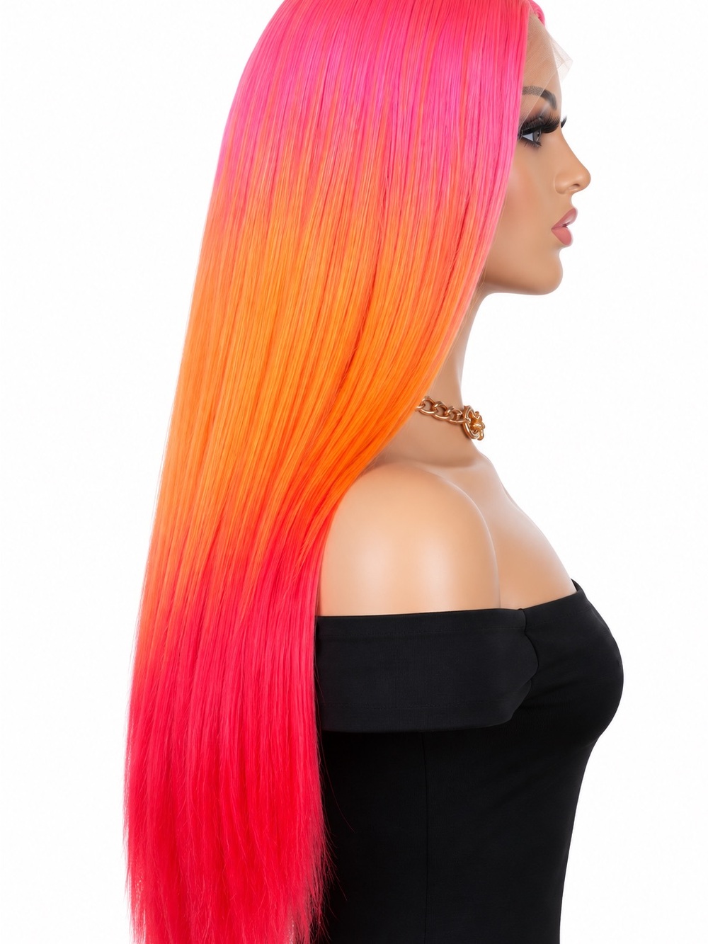 Pastel rainbow Sleek Ombre Pink-Orange-Red Straight Lace Frontal Wig 28 inches l - Picture 3 of 7